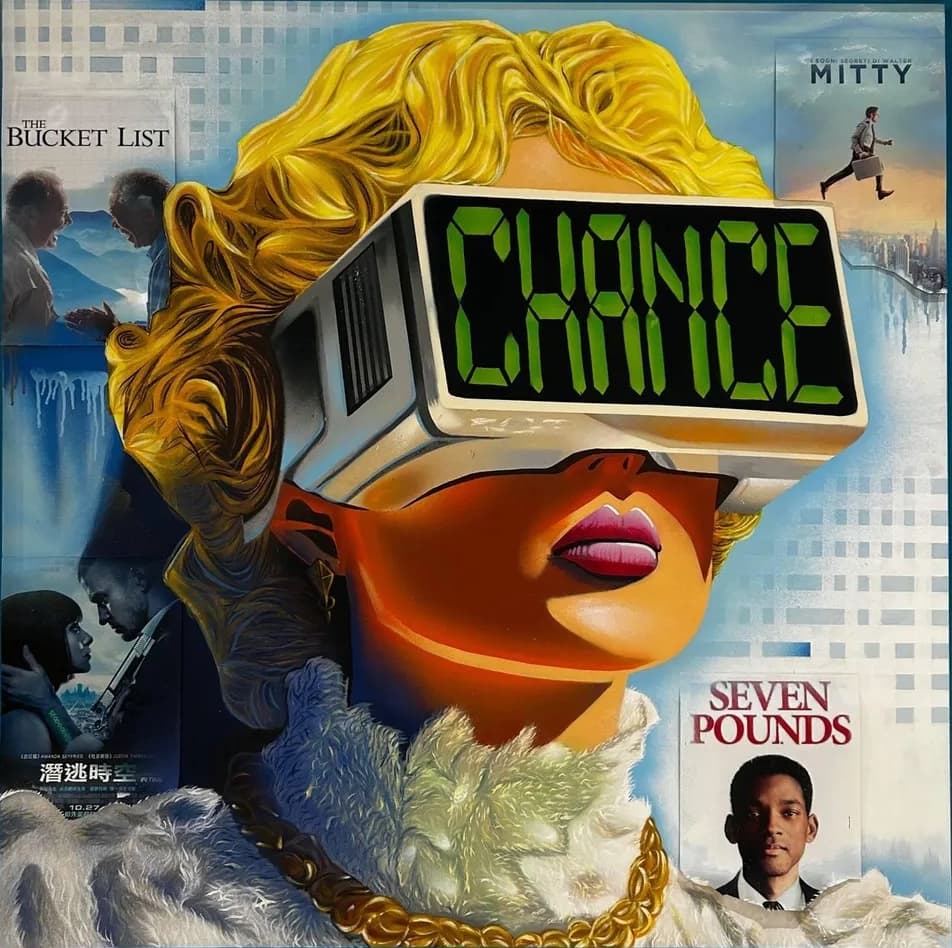 SEO Title: CHANCE – Contemporary Mixed Media Artwork by Goldy | 150 × 150 cm  Meta Description: “CHANCE” is a 150 × 150 cm mixed media artwork by Russian contemporary artist Goldy, exploring opportunity, identity, personal choice, and cinema’s influence on how we perceive life.  Artwork Title: CHANCE   Artist: Goldy (Goldi Mikhail Maksimovich)   Year: 2026   Medium: Mixed media   Dimensions: 150 × 150 cm  Artwork Description:  “CHANCE” portrays an elegantly styled, golden-haired woman whose eyes are concealed by a vintage display device bearing the word “CHANCE” in luminous green digital lettering. This striking intervention creates tension between classical beauty and technology, humanity and constructed imagery, and personal identity and the image presented to the outside world.  The background incorporates references to the world of cinema, connecting the composition with ideas of dreams, decisive moments, personal crises, and life-changing opportunities. These images are more than decorative elements: they function as fragments of memory and cultural narratives that shape how people understand their own lives.  By placing the word “CHANCE” directly across the figure’s field of vision, Goldy suggests that opportunity may become a lens through which we view the world. At the same time, the artwork poses a deeper question: do we choose our own path, or do we experience life through stories and images created for us by others?  Gold, orange, and vivid green contrast dramatically with the cool blue background, drawing attention toward the central figure. Detailed hair, jewellery, fur-like clothing, and varied surface treatments give the work a strong physical presence. The composition reflects Goldy’s evolving practice, connecting the raw energy of street art with popular culture, cinematic imagery, and contemporary visual language.  At 150 × 150 cm, “CHANCE” is designed to command attention. It is well suited to a contemporary residence, gallery, hotel, office, or creative space and will appeal to collectors interested in contemporary art, pop-influenced imagery, and works exploring identity, media, opportunity, and choice.  About the Artist:  Goldy, whose full name is Goldi Mikhail Maksimovich, was born in Tomsk, Siberia, Russia. From an early age, he demonstrated a natural love of drawing and began exploring graffiti and street art at only eleven years old.  In 2022, Goldy moved to Thailand to push his creative boundaries and further develop his contemporary art practice. His work embraces experimentation, combining diverse styles, techniques, materials, and cultural influences. Through continuous exploration, Goldy is defining an individual artistic voice that bridges the raw energy of street culture with the evolving language of contemporary art.  Image ALT Text: CHANCE, a mixed media artwork by Goldy depicting a golden-haired woman wearing a vintage display over her eyes with the word CHANCE in green, surrounded by cinematic references.  URL Slug: chance-mixed-media-pop-art-goldy  SEO Keywords: CHANCE by Goldy, Goldy artist, Goldi Mikhail Maksimovich, mixed media artwork, contemporary pop art, cinema-inspired artwork, Russian contemporary artist, contemporary art in Thailand, street art influence, artwork about opportunity, identity and media art, large-scale contemporary painting, original art for collectors