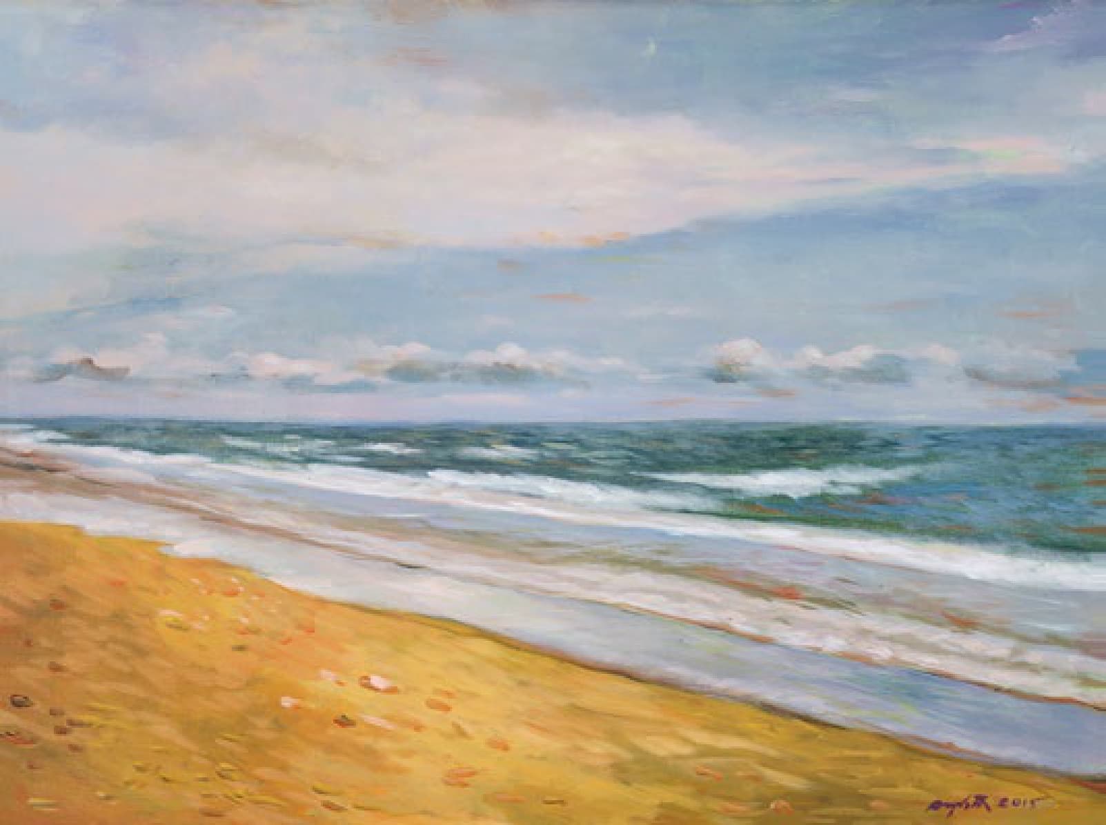 "หาดทรายปึกเตียน" ผลงานสีอะคริลิกขนาด 60 × 80 ซม. ปี 2015 โดยอนุชาติ ธนัญชัย จิตรกรชาวเชียงใหม่ที่ได้รับแรงบันดาลใจจากศิลปะอิมเพรสชันนิสม์ฝรั่งเศส เป็นภาพชายหาดปึกเตียน จังหวัดเพชรบุรี ผืนทรายสีเหลืองทองทอดยาวเป็นแนวเฉียงอยู่เบื้องหน้า มีเปลือกหอยและก้อนกรวดเล็ก ๆ กระจายอยู่ประปราย คลื่นสีขาวซัดเข้าหาฝั่งเป็นระลอก ท้องทะเลเปลี่ยนสีจากฟ้าอ่อนตรงชายฝั่งไปเป็นเขียวอมฟ้าเข้มที่ขอบฟ้า เบื้องบนเป็นท้องฟ้ากว้างสีฟ้าที่มีเมฆบางสีขาวอมชมพูพาดผ่าน และแนวเมฆก้อนเล็กเรียงรายเหนือเส้นขอบฟ้า ศิลปินใช้ฝีแปรงตามแนวนอนเพื่อถ่ายทอดจังหวะของคลื่น และไล่แสงบนผืนทรายตามแนวทางอิมเพรสชันนิสม์ ถ่ายทอดความโล่ง สงบ และลมทะเลที่พัดเบา ๆ ภาพนี้แสดงอีกด้านของศิลปินที่ไม่ได้วาดแค่ภูเขาในภาคเหนือ แต่ยังวาดทะเลได้งดงาม เหมาะสำหรับตกแต่งห้องนั่งเล่น ห้องนอน หรือพื้นที่ที่ต้องการความรู้สึกผ่อนคลายแบบชายทะเล