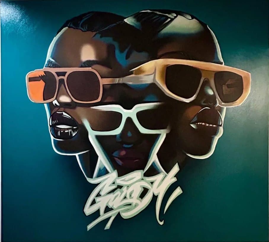 3 IN 1 Goldi Mikhail Maksimovich A mixed-media work of three overlapping faces in different sunglasses on a dark teal background, with a Goldy tag.