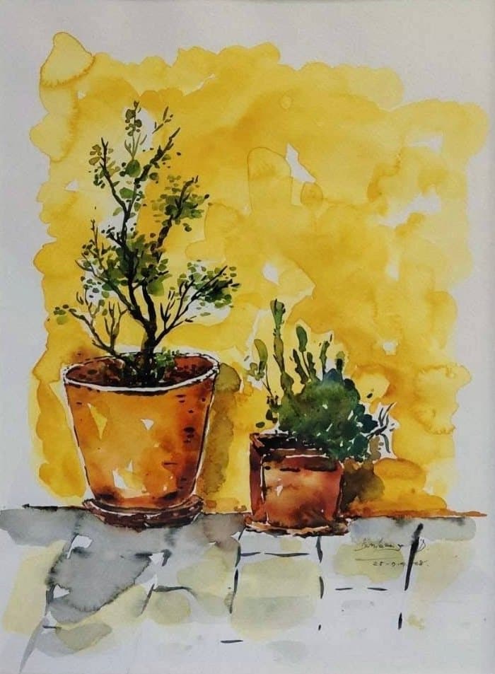 A quiet mustard-colored corner Bunleang Dumthongsuk A watercolour of two terracotta pots with small plants on a tiled ledge against a mustard-yellow background.