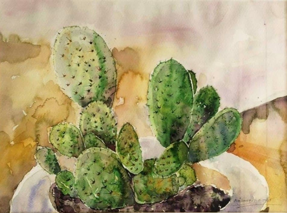 โอเอซิสในกรอบรูป บรรเลง ดำทองสุก ผลงานสีน้ำภาพกระบองเพชรใบพายสีเขียวในกระถางสีขาว บนพื้นหลังโทนน้ำตาลอมเหลืองคล้ายสีผืนทราย