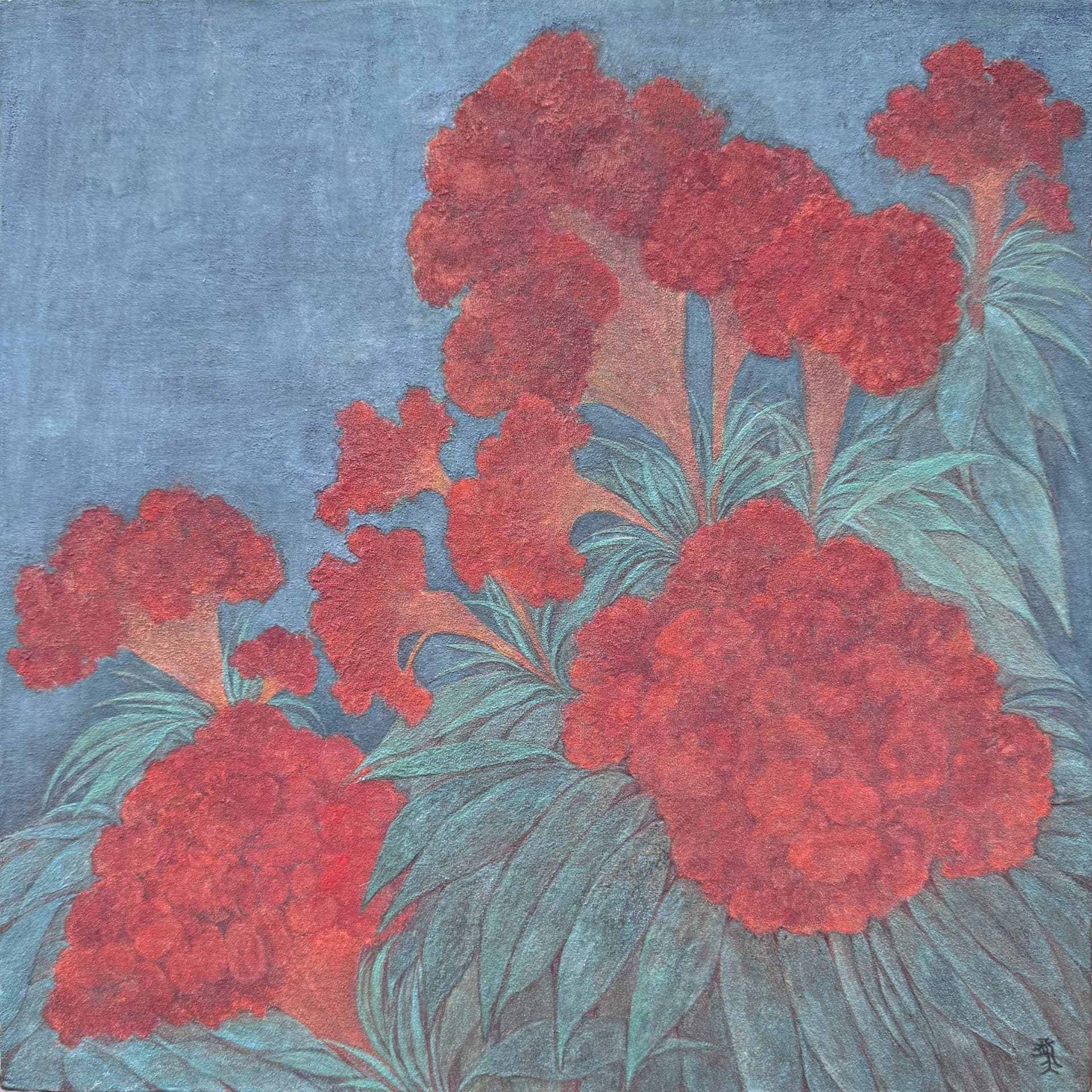 Ashborne EN SEO Title: Ashborne – Red Cockscomb Mineral Painting by Jiadong Yan Meta Description: Ashborne by Jiadong Yan: red cockscomb flowers in natural mineral pigments on paper, inspired by a legend of a flower that blooms from ashes. 30×30 cm original, 2025. URL Slug: jiadong-yan-ashborne-mineral-painting Keywords: red cockscomb painting, Jiadong Yan, mineral pigment painting, celosia flower art, original flower painting Alt Text: Mineral painting of red cockscomb flowers with green leaves on a soft blue background by Jiadong Yan TH SEO Title: Ashborne ภาพดอกหงอนไก่สีแดง จิตรกรรมสีแร่ โดยเจียต้ง หยาน Meta Description: ภาพดอกหงอนไก่สีแดงเพลิงบนพื้นฟ้า วาดด้วยสีแร่ธรรมชาติบนกระดาษ โดยเจียต้ง หยาน ได้แรงบันดาลใจจากตำนานดอกไม้ที่เบ่งบานจากเถ้าถ่าน งานต้นฉบับ 30×30 ซม. ปี 2025 Keywords: ภาพวาดดอกหงอนไก่, เจียต้ง หยาน, จิตรกรรมสีแร่, ภาพวาดดอกไม้สีแดง, ภาพดอกไม้ต้นฉบับ Alt Text: ภาพวาดสีแร่ดอกหงอนไก่สีแดงกับใบสีเขียวบนพื้นสีฟ้าอ่อน โดยเจียต้ง หยาน