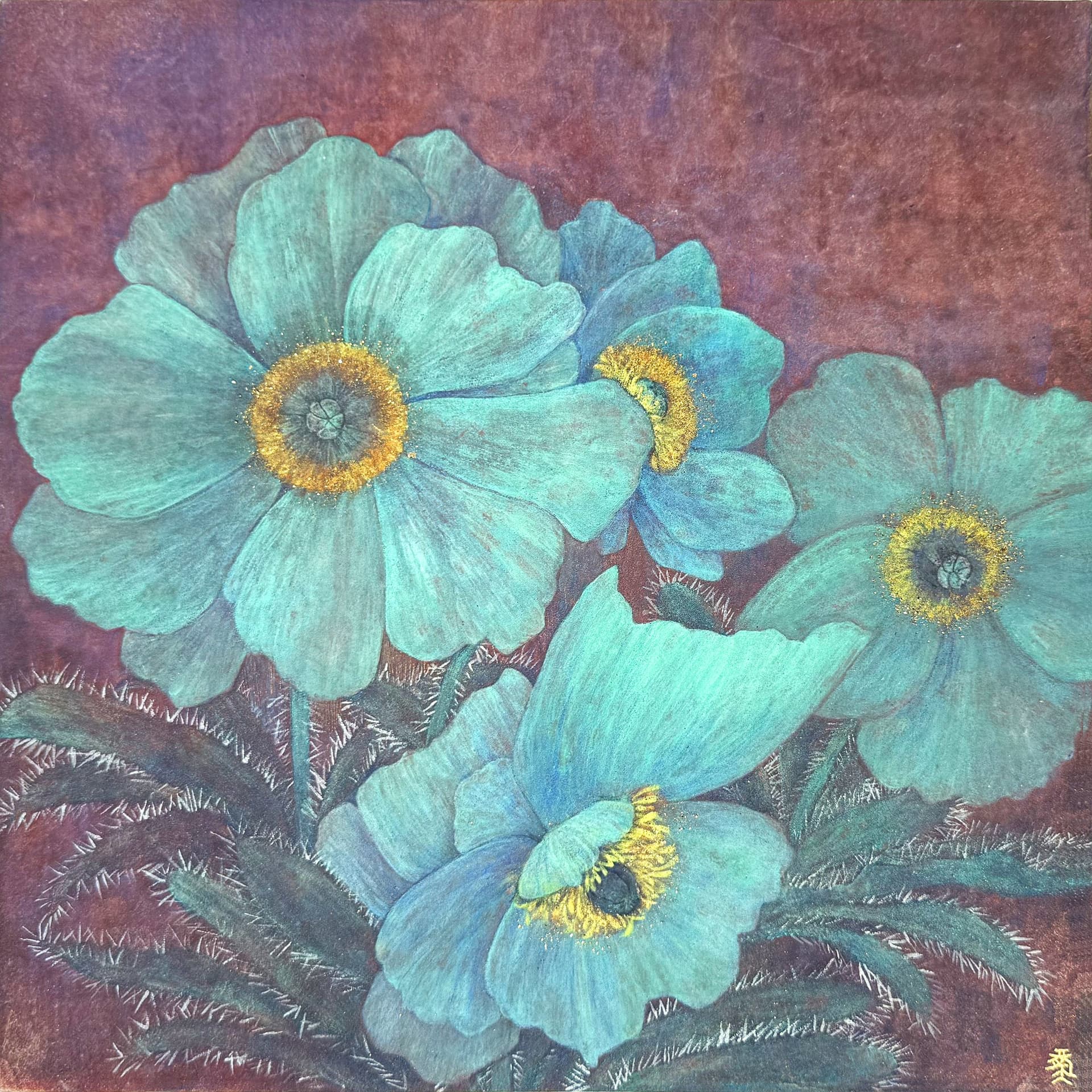 Azure Dream upon the Plateau EN SEO Title: Azure Dream upon the Plateau – Blue Poppy Painting, Jiadong Yan Meta Description: Himalayan blue poppies, a flower of harsh highlands, painted in turquoise and gold mineral pigments by Jiadong Yan. A study of resilience. 30×30 cm original, 2025. URL Slug: jiadong-yan-azure-dream-upon-the-plateau-blue-poppy Keywords: blue poppy painting, Himalayan blue poppy art, Meconopsis, Jiadong Yan, mineral pigment painting Alt Text: Mineral painting of turquoise blue poppies with golden centres and spiny leaves on a deep maroon background TH SEO Title: Azure Dream upon the Plateau ภาพป๊อปปี้สีฟ้า โดยเจียต้ง หยาน Meta Description: ป๊อปปี้สีฟ้าแห่งที่ราบสูงหิมาลัย ดอกไม้ที่เติบโตในสภาพอากาศสุดขั้ว วาดด้วยสีแร่โทนฟ้าครามและทอง โดยเจียต้ง หยาน งานต้นฉบับ 30×30 ซม. ปี 2025 Keywords: ภาพวาดดอกป๊อปปี้สีฟ้า, ป๊อปปี้หิมาลัย, เจียต้ง หยาน, จิตรกรรมสีแร่, ภาพดอกไม้สีฟ้า Alt Text: ภาพวาดสีแร่ดอกป๊อปปี้สีฟ้าเทอร์ควอยซ์ เกสรสีทอง ใบมีหนาม บนพื้นสีแดงเลือดหมู