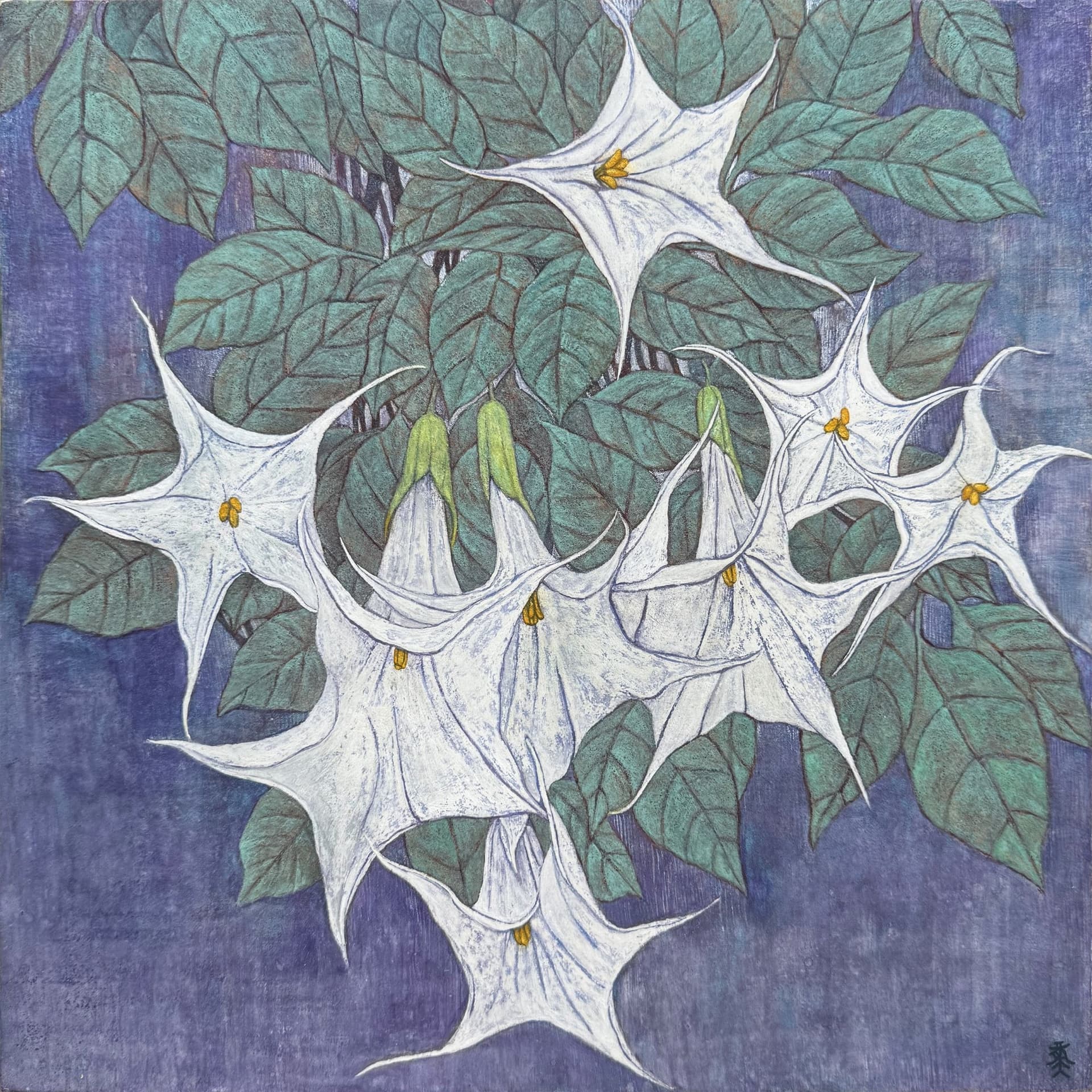 Beneath the Star EN SEO Title: Beneath the Star – Angel’s Trumpet Mineral Painting, Jiadong Yan Meta Description: Star-shaped white angel’s trumpet flowers glow against deep violet in this original mineral pigment painting on paper by Jiadong Yan. 30×30 cm, 2025. URL Slug: jiadong-yan-beneath-the-star-mineral-painting Keywords: angel’s trumpet painting, white flower painting, Jiadong Yan, mineral pigment art, brugmansia art Alt Text: Mineral painting of white star-shaped angel’s trumpet flowers among green leaves on a violet background TH SEO Title: Beneath the Star ภาพดอกลำโพงสีขาว จิตรกรรมสีแร่ โดยเจียต้ง หยาน Meta Description: ดอกลำโพงสีขาวรูปดาวเปล่งแสงบนพื้นสีม่วงเข้ม จิตรกรรมสีแร่ธรรมชาติบนกระดาษ งานต้นฉบับโดยเจียต้ง หยาน ขนาด 30×30 ซม. ปี 2025 Keywords: ภาพวาดดอกลำโพง, ภาพดอกไม้สีขาว, เจียต้ง หยาน, จิตรกรรมสีแร่, ภาพวาดโทนม่วง Alt Text: ภาพวาดสีแร่ดอกลำโพงสีขาวรูปดาวท่ามกลางใบสีเขียวบนพื้นสีม่วง