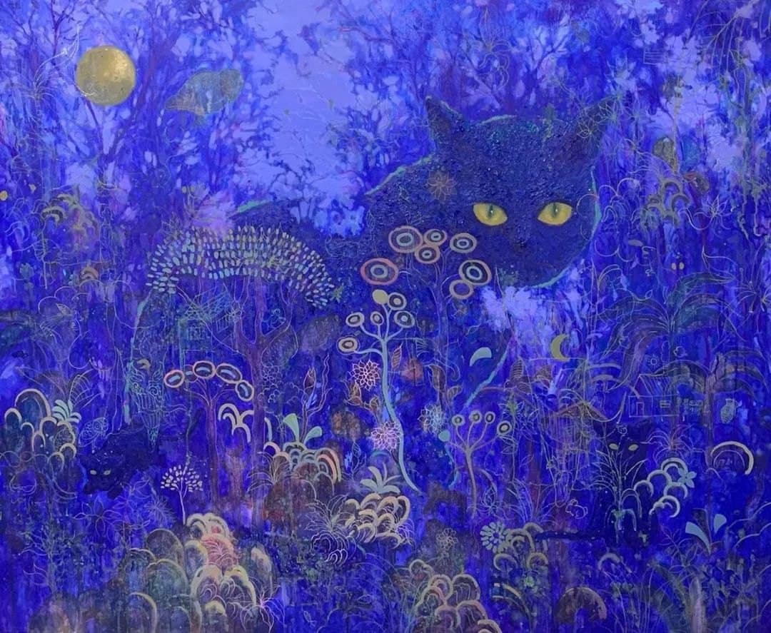 Black cat Kunakorn Wangkeeree An oil painting of a yellow-eyed black cat among patterned plants in deep blue and violet, with a golden moon.