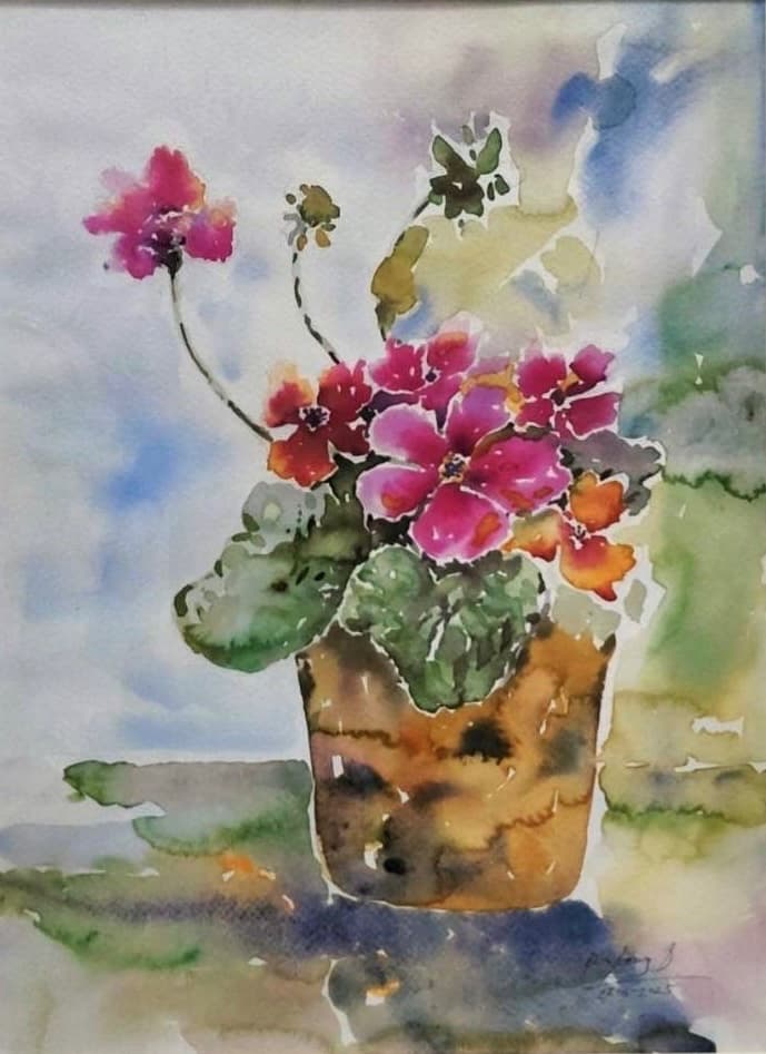 ภาพวาดสีน้ำดอกไม้สีชมพูและสีส้มในกระถาง ชื่อบานรับอรุณ โดย บรรเลง ดำทองสุก