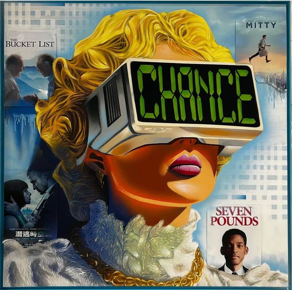 CHANCE Goldi Mikhail Maksimovich ผลงานสื่อผสมภาพผู้หญิงผมบลอนด์สวมแว่น VR ที่มีคำว่า CHANCE ล้อมรอบด้วยภาพโปสเตอร์ภาพยนตร์แบบคอลลาจ