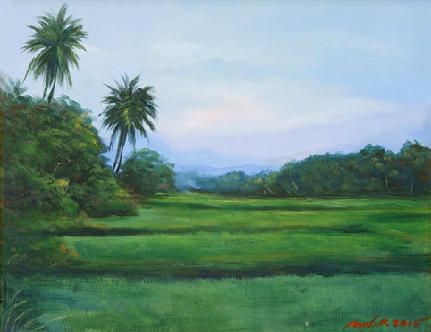 "ทุ่งนาสันป่าตอง 2" ผลงานสีอะคริลิกขนาด 35 × 45 ซม. ปี 2015 โดยอนุชาติ ธนัญชัย จิตรกรชาวเชียงใหม่ที่ได้รับแรงบันดาลใจจากศิลปะอิมเพรสชันนิสม์ฝรั่งเศส เป็นภาพทุ่งนาเขียวสดในอำเภอสันป่าตอง จังหวัดเชียงใหม่ ต้นข้าวแผ่ขยายเป็นผืนกว้างสลับด้วยแถบเงาเข้มของคันนา ทางซ้ายมีต้นมะพร้าวสองต้นชูยอดขึ้นเหนือพุ่มไม้เขียวชอุ่มที่แต้มด้วยดอกสีแดงและเหลืองประปราย ทางขวาเป็นแนวป่าทอดยาวไปจนถึงทิวเขาสีฟ้าจางที่ขอบฟ้า ใต้ท้องฟ้าสีฟ้าอ่อนแซมชมพูนวล ศิลปินไล่น้ำหนักแสงบนผืนนาจากเงาเข้มด้านหน้าไปสู่ความสว่างด้านหลัง ทำให้ภาพมีระยะลึกและถ่ายทอดความสดชื่นของชนบทภาคเหนือในวันที่อากาศแจ่มใส ภาพนี้เป็นชิ้นที่สองต่อจาก "ทุ่งนาสันป่าตอง 1" ที่ให้บรรยากาศสว่างและสดใสกว่า เหมาะสำหรับตกแต่งห้องนั่งเล่น ห้องทำงาน หรือเป็นของขวัญสำหรับคนที่รักบรรยากาศเชียงใหม่