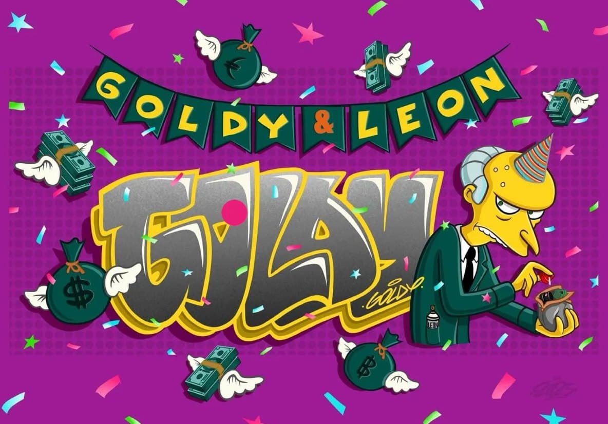 GOLDY & LEON Goldi Mikhail Maksimovich ศิลปะดิจิทัลตัวอักษรกราฟฟิตี้ GOLDY บนพื้นสีม่วง ล้อมด้วยเศษกระดาษสี ถุงเงินติดปีก และแถบธง GOLDY & LEON