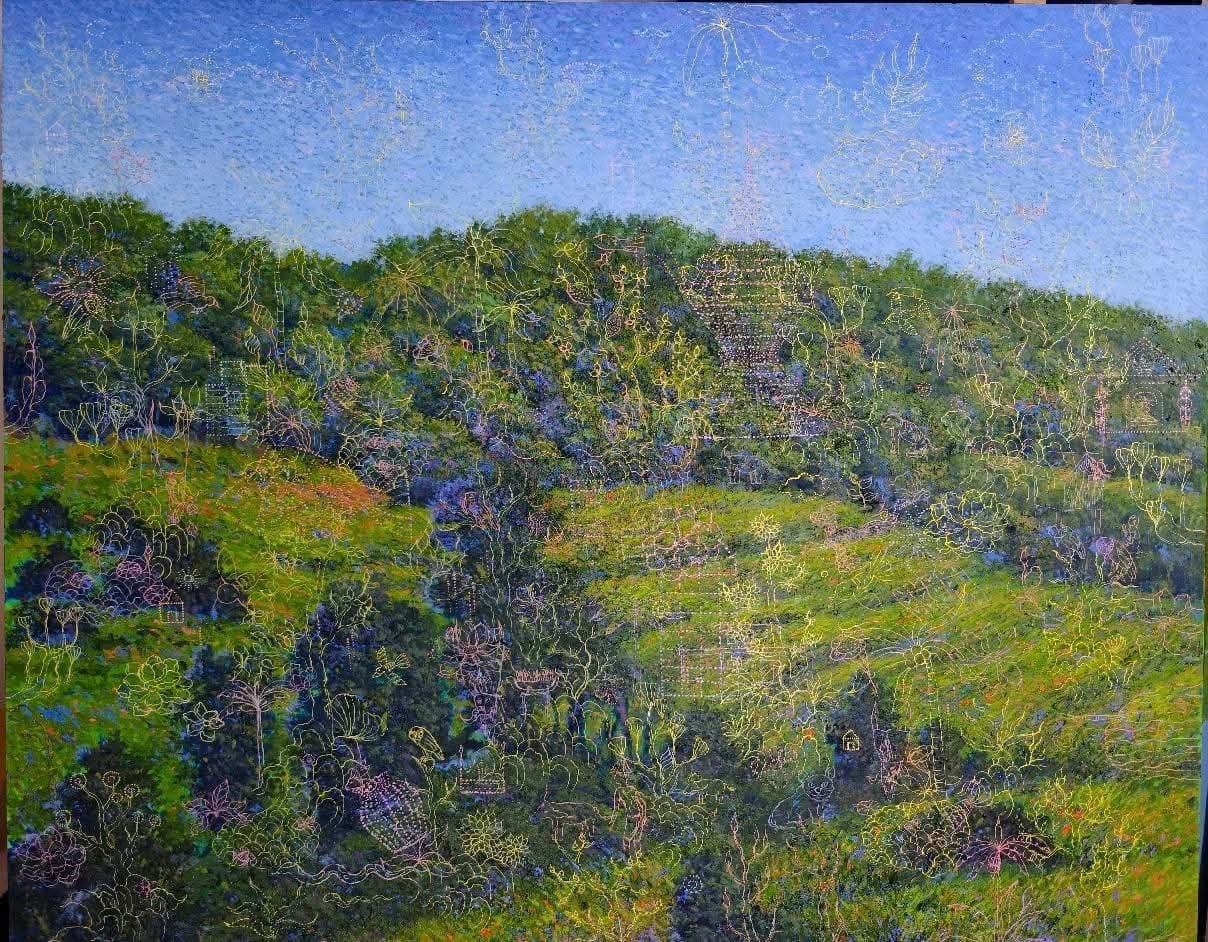 Human and Nature Relationships 2 Kunakorn Wangkeeree An oil painting of forested green hills under a blue sky, with plant line drawings hidden in the paint.