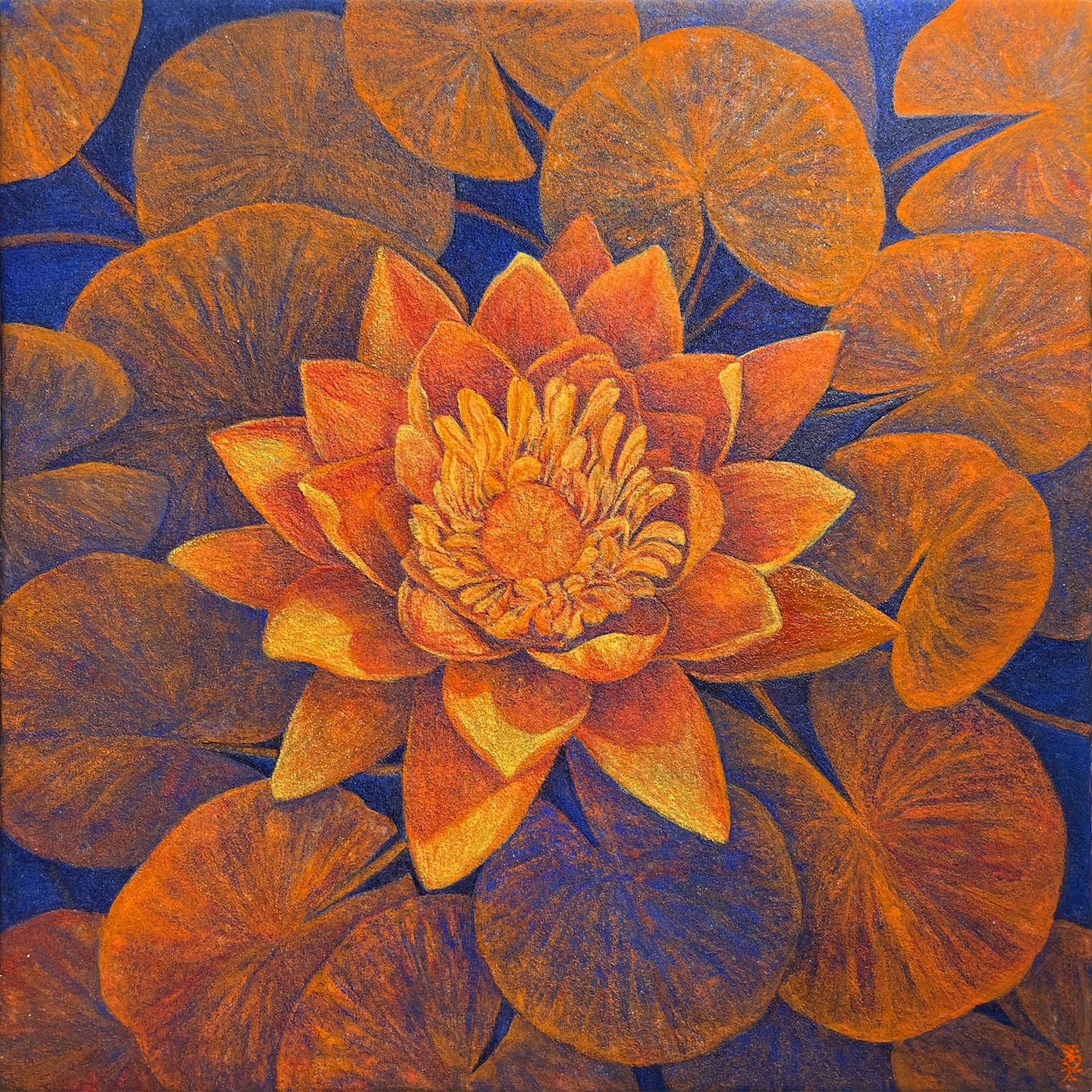 Lotus-001 EN SEO Title: Lotus-001 – Orange Lotus Mineral Painting by Jiadong Yan Meta Description: A single orange lotus opens among lily pads against deep blue in this small mineral pigment painting by Jiadong Yan. Original, 15×15 cm, 2023. URL Slug: jiadong-yan-lotus-001-mineral-painting Keywords: lotus painting, orange lotus art, Jiadong Yan, mineral pigment painting, small original painting Alt Text: Small mineral painting of an orange lotus flower surrounded by lily pads on a deep blue background TH SEO Title: Lotus-001 ภาพดอกบัวสีส้ม จิตรกรรมสีแร่ โดยเจียต้ง หยาน Meta Description: ดอกบัวสีส้มบานกลางใบบัวบนพื้นน้ำเงินเข้ม จิตรกรรมสีแร่ขนาดเล็ก โดยเจียต้ง หยาน งานต้นฉบับ 15×15 ซม. ปี 2023 Keywords: ภาพวาดดอกบัว, ภาพดอกบัวสีส้ม, เจียต้ง หยาน, จิตรกรรมสีแร่, ภาพวาดขนาดเล็ก Alt Text: ภาพวาดสีแร่ขนาดเล็ก ดอกบัวสีส้มท่ามกลางใบบัวบนพื้นสีน้ำเงินเข้ม