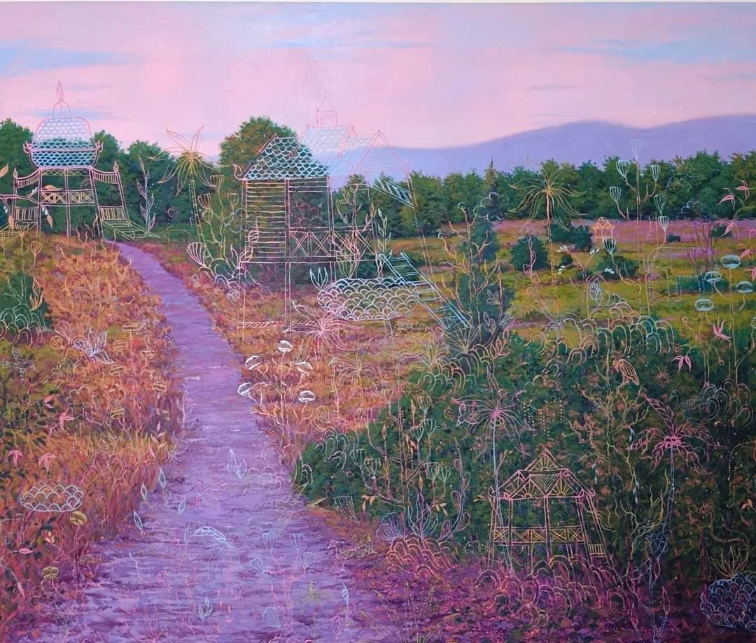 Memories and Dreams Kunakorn Wangkeeree An oil painting of a dirt path through fields under a pink sky, with line-drawn pavilions floating in the scene.