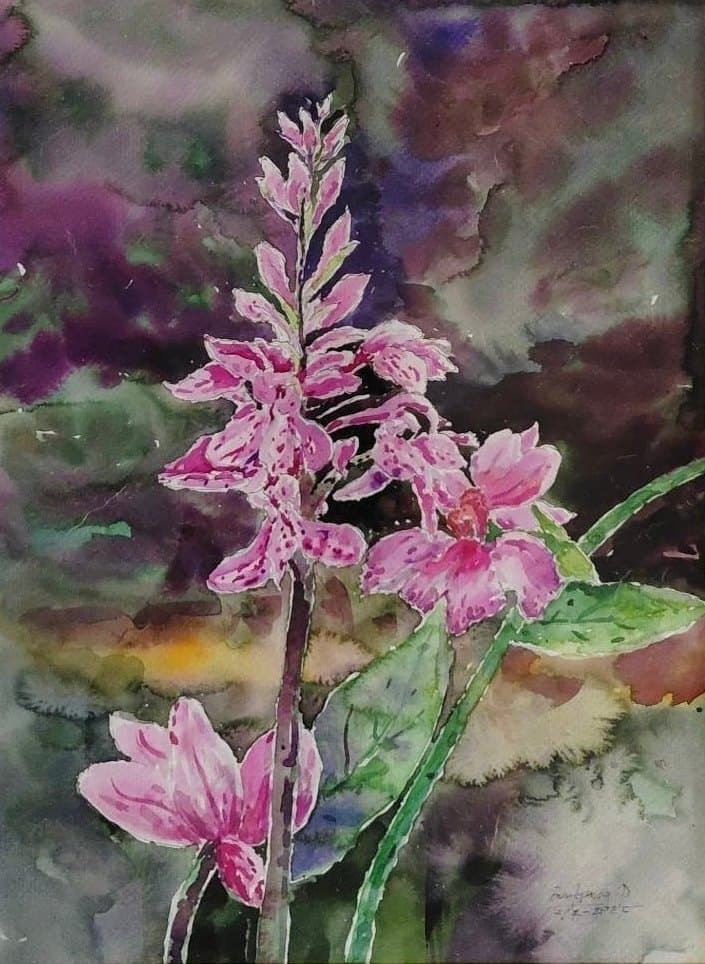 Nature’s Arrangement Bunleang Dumthongsuk A watercolour of a tall spike of speckled pink blossoms and a soft pink flower, set against deep, blended washes of purple and green.