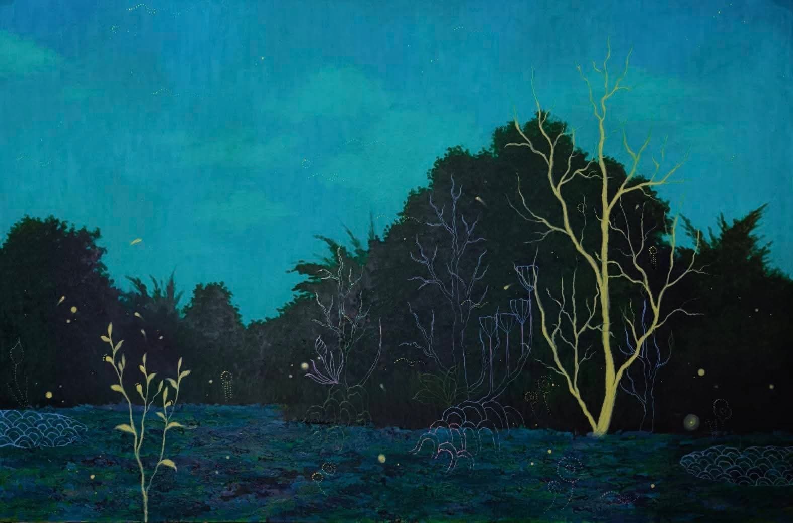 Nighttime 2 Kunakorn Wangkeeree An oil painting of dark trees under a teal night sky, with a glowing tree and firefly-like points of light.