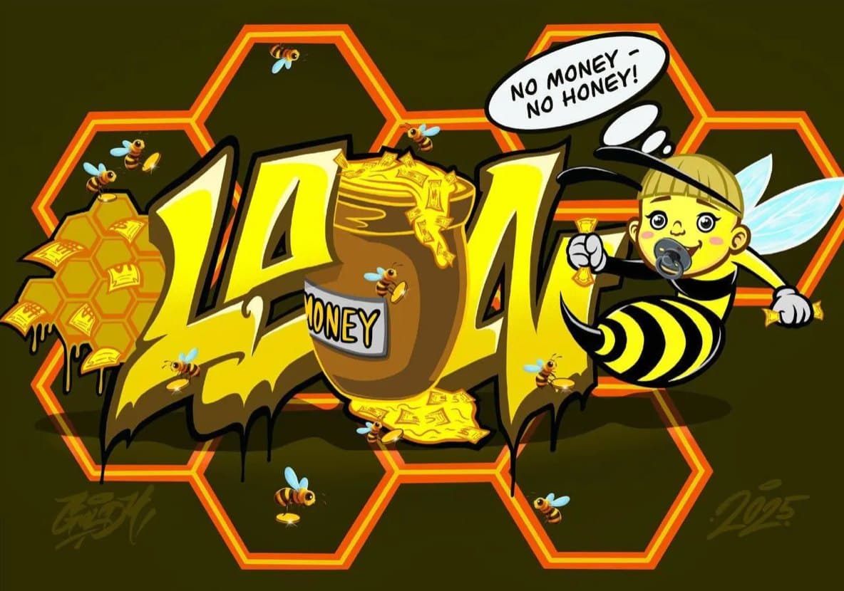 NO MONEY - NO HONEY Goldi Mikhail Maksimovich A digital work of dripping honey-yellow graffiti letters and a cartoon bee on a honeycomb pattern.