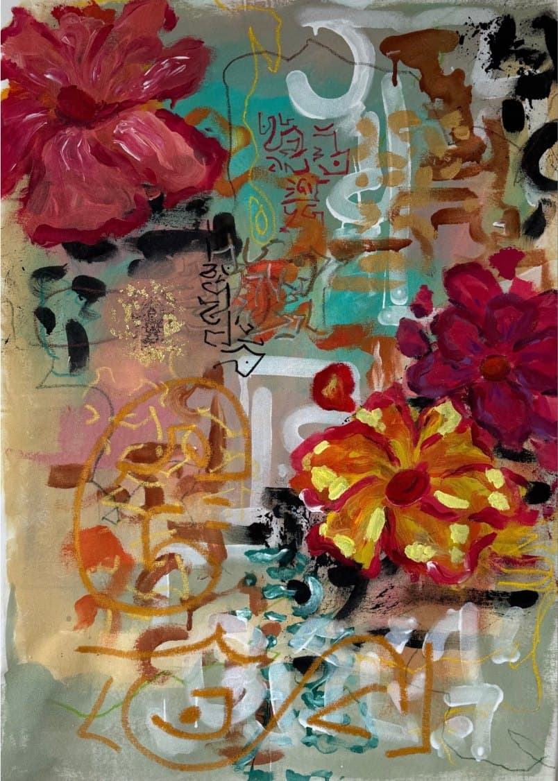 Passed Life Memory Anastasia Kovaleva A painting of deep red and red-yellow flowers on a cream ground, surrounded by gold script-like marks and touches of black.