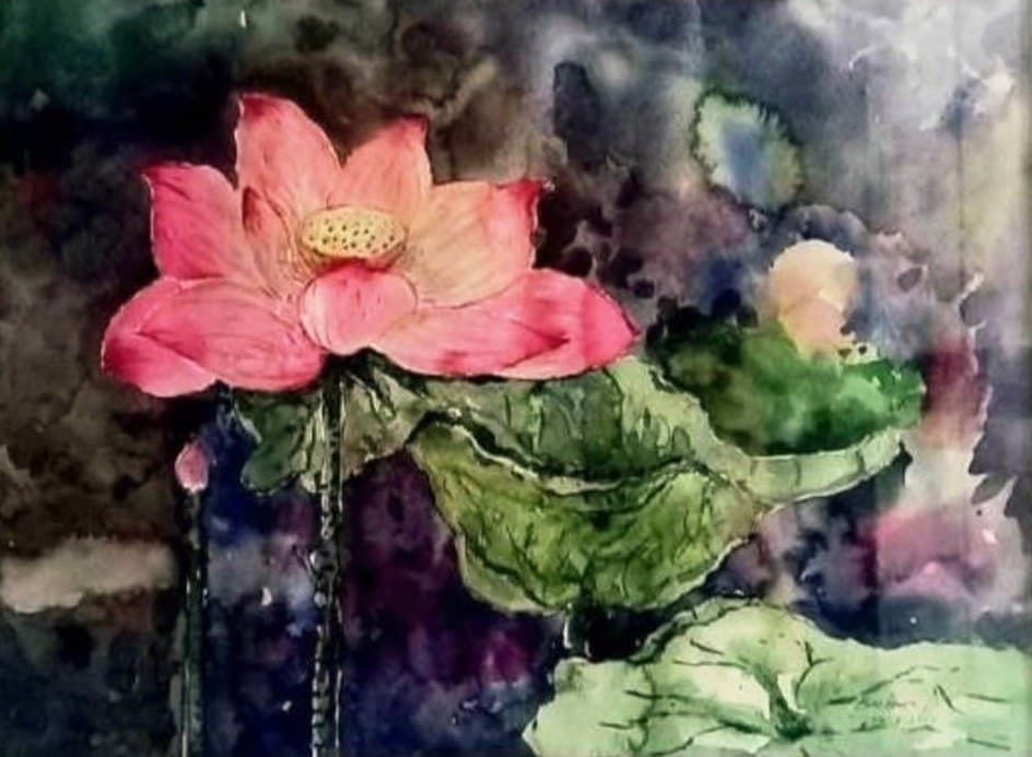 Peace in the darkness Bunleang Dumthongsuk A watercolour of a pink lotus in full bloom above green lotus leaves, set against a dark background of deep blue, violet and black.
