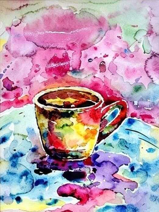 จิบสุนทรีย์ บรรเลง ดำทองสุก ผลงานสีน้ำภาพถ้วยกาแฟหลากสีวางบนโต๊ะ ท่ามกลางพื้นหลังสีชมพูบานเย็นและโทนฟ้าม่วงที่ซึมผสานกัน