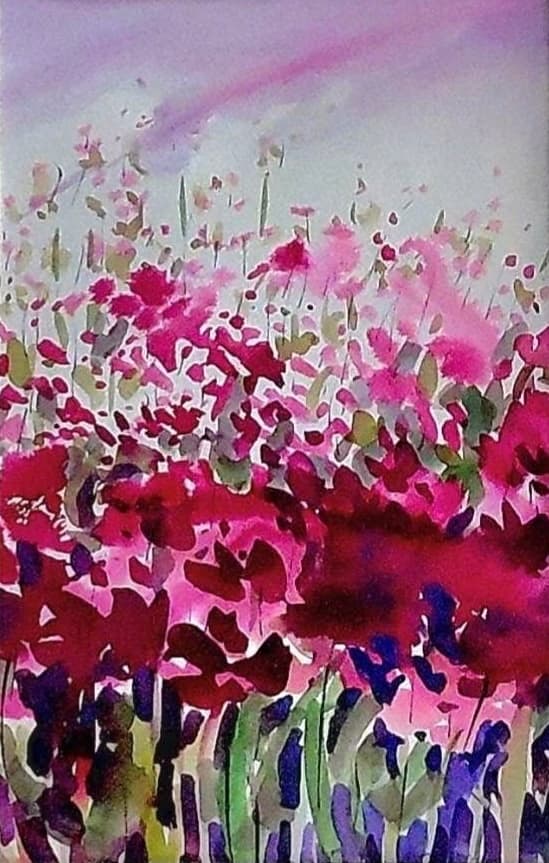เฉดสีแห่งฤดูใบไม้ผลิ ภาพวาดสีน้ำทุ่งดอกไม้สีชมพู ม่วง และแดง โดย บรรเลง ดำทองสุก