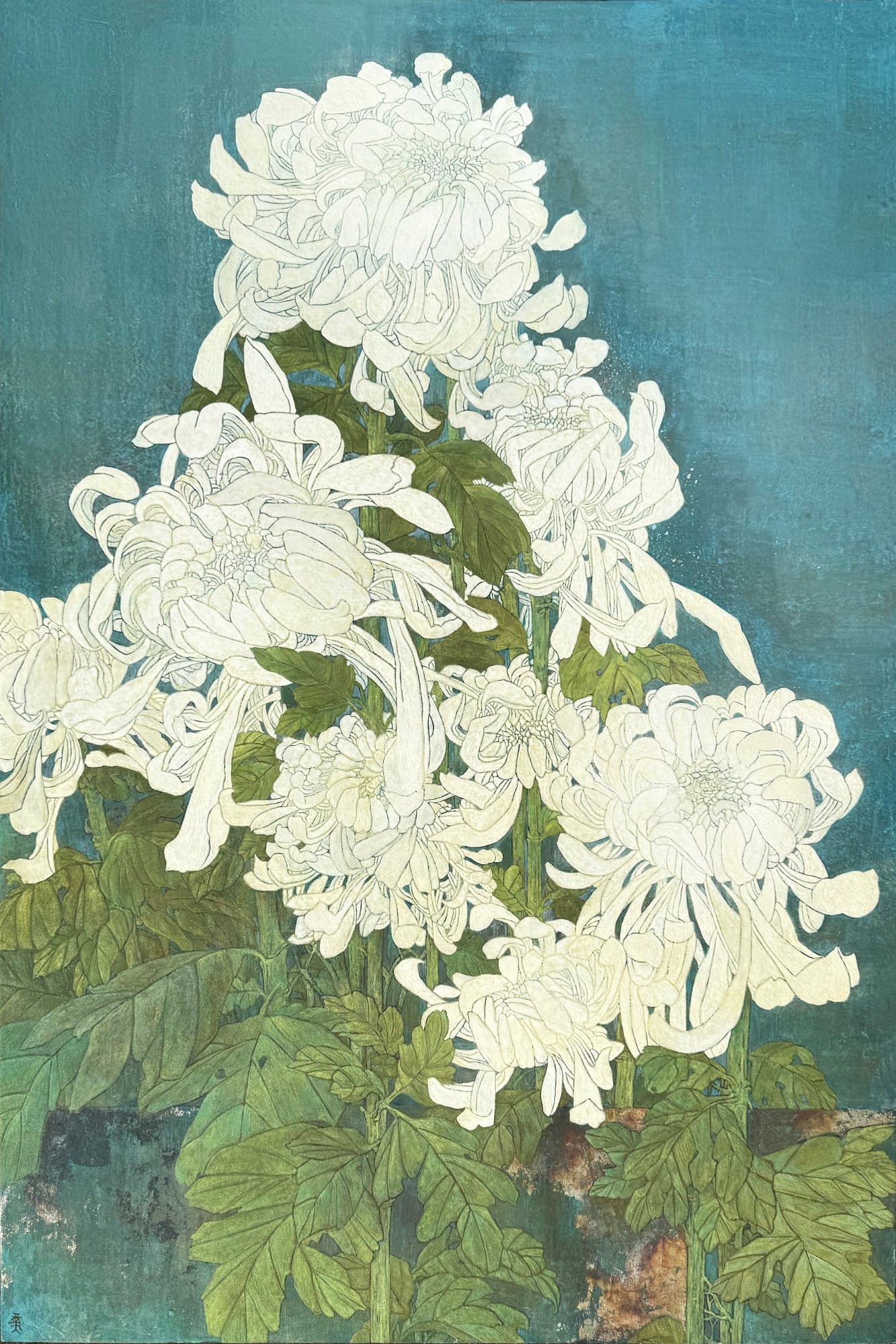 Splendor of Dew EN SEO Title: Splendor of Dew – Large Chrysanthemum Painting by Jiadong Yan Meta Description: A large-format mineral painting of white chrysanthemums on a teal ground by Jiadong Yan. Layered natural pigments on paper, 60×90 cm, 2025. A statement original. URL Slug: jiadong-yan-splendor-of-dew-chrysanthemum-painting Keywords: chrysanthemum painting, large flower painting, Jiadong Yan, mineral pigment painting, statement wall art Alt Text: Large mineral painting of white chrysanthemum blooms and green leaves on a teal blue background TH SEO Title: Splendor of Dew ภาพเบญจมาศสีขาวขนาดใหญ่ โดยเจียต้ง หยาน Meta Description: เบญจมาศสีขาวบนพื้นสีเขียวหัวเป็ด จิตรกรรมสีแร่ขนาดใหญ่ 60×90 ซม. โดยเจียต้ง หยาน ลงสีแร่ธรรมชาติซ้อนชั้นบนกระดาษ งานต้นฉบับปี 2025 Keywords: ภาพวาดดอกเบญจมาศ, ภาพวาดขนาดใหญ่, เจียต้ง หยาน, จิตรกรรมสีแร่, ภาพดอกไม้สีขาว Alt Text: ภาพวาดสีแร่ขนาดใหญ่ ดอกเบญจมาศสีขาวกับใบสีเขียวบนพื้นสีเขียวหัวเป็ด