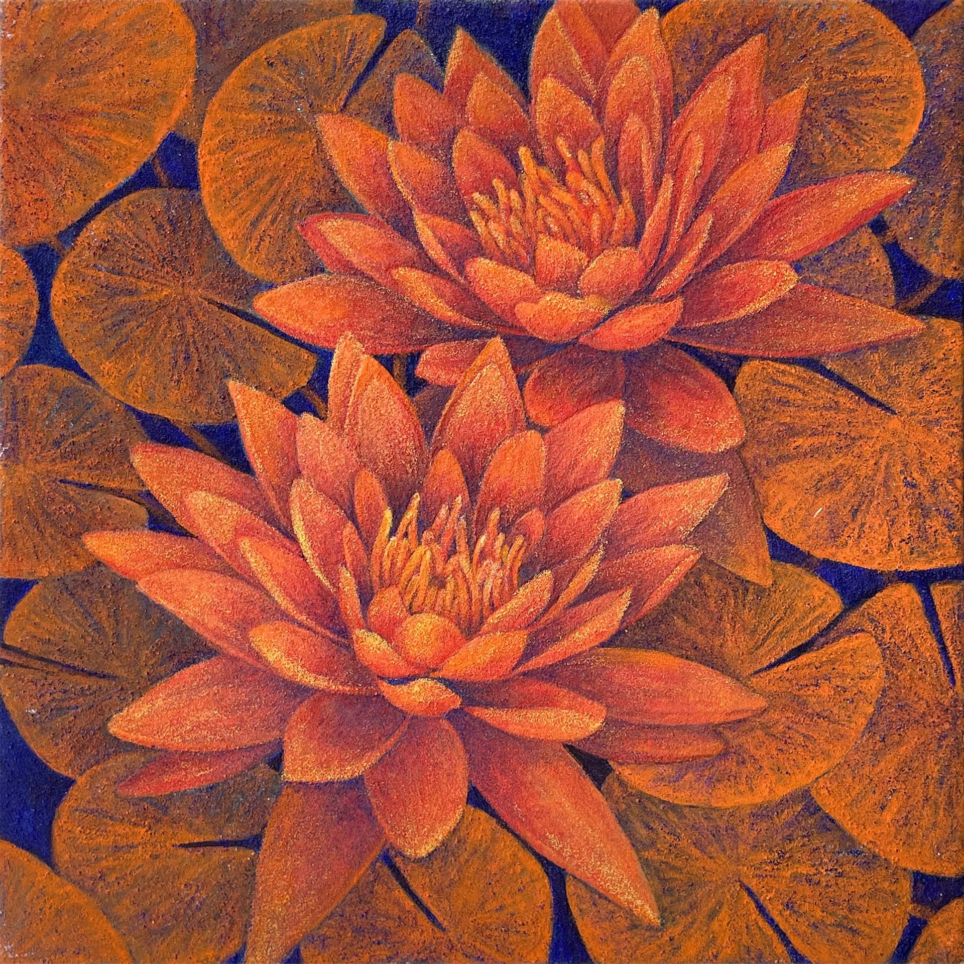 Stir Not the Dust EN SEO Title: Stir Not the Dust – Twin Lotus Mineral Painting, Jiadong Yan Meta Description: Two orange lotus blossoms rest still among their leaves in this small mineral pigment painting by Jiadong Yan, a quiet image of calm. Original, 15×15 cm, 2024. URL Slug: jiadong-yan-stir-not-the-dust-lotus-painting Keywords: lotus painting, zen flower art, Jiadong Yan, mineral pigment painting, small original painting Alt Text: Small mineral painting of two orange lotus flowers among overlapping lily pads on a dark blue background TH SEO Title: Stir Not the Dust ภาพดอกบัวคู่ จิตรกรรมสีแร่ โดยเจียต้ง หยาน Meta Description: ดอกบัวสีส้มสองดอกท่ามกลางใบบัว ภาพแห่งความสงบนิ่ง จิตรกรรมสีแร่ขนาดเล็กโดยเจียต้ง หยาน งานต้นฉบับ 15×15 ซม. ปี 2024 Keywords: ภาพวาดดอกบัว, ภาพมงคลดอกบัว, เจียต้ง หยาน, จิตรกรรมสีแร่, ภาพวาดขนาดเล็ก Alt Text: ภาพวาดสีแร่ขนาดเล็ก ดอกบัวสีส้มสองดอกท่ามกลางใบบัวซ้อนกันบนพื้นสีน้ำเงินเข้ม