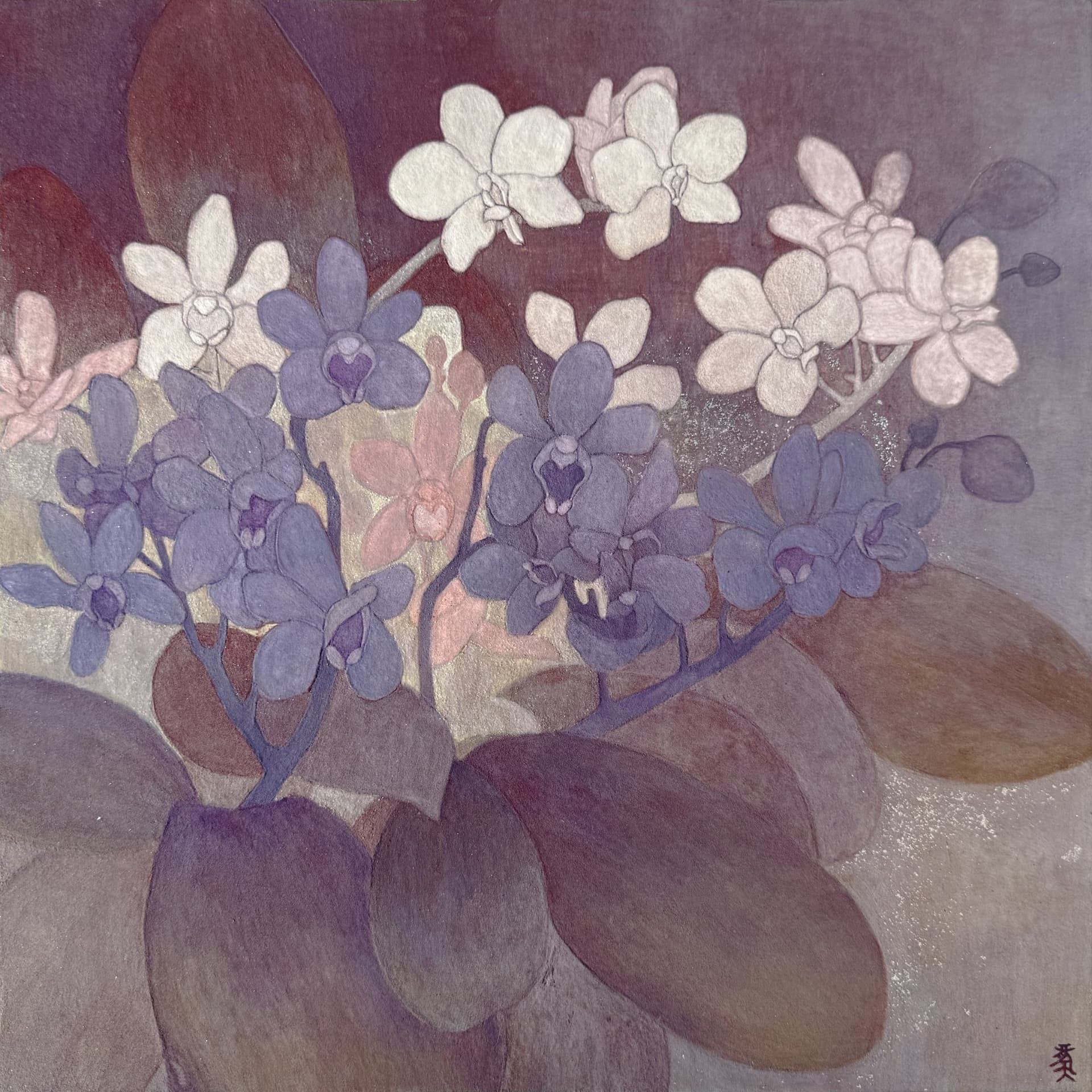 Summer Dawn Dreams EN SEO Title: Summer Dawn Dreams – Orchid Mineral Painting by Jiadong Yan Meta Description: White and violet orchids in the hazy calm of dawn, built from layered mineral pigments on paper. An original painting by Jiadong Yan, 30×30 cm, 2025. URL Slug: jiadong-yan-summer-dawn-dreams-orchid-painting Keywords: orchid painting, purple orchid art, Jiadong Yan, mineral pigment painting, original botanical painting Alt Text: Mineral painting of white and purple orchids above broad leaves in muted mauve tones TH SEO Title: Summer Dawn Dreams ภาพกล้วยไม้ จิตรกรรมสีแร่ โดยเจียต้ง หยาน Meta Description: กล้วยไม้สีขาวและม่วงในแสงยามรุ่งอรุณ ลงสีแร่ธรรมชาติซ้อนหลายชั้นบนกระดาษ งานต้นฉบับโดยเจียต้ง หยาน ขนาด 30×30 ซม. ปี 2025 Keywords: ภาพวาดกล้วยไม้, ภาพกล้วยไม้สีม่วง, เจียต้ง หยาน, จิตรกรรมสีแร่, ภาพวาดดอกไม้ต้นฉบับ Alt Text: ภาพวาดสีแร่กล้วยไม้สีขาวและม่วงเหนือใบกว้าง โทนสีม่วงหม่น