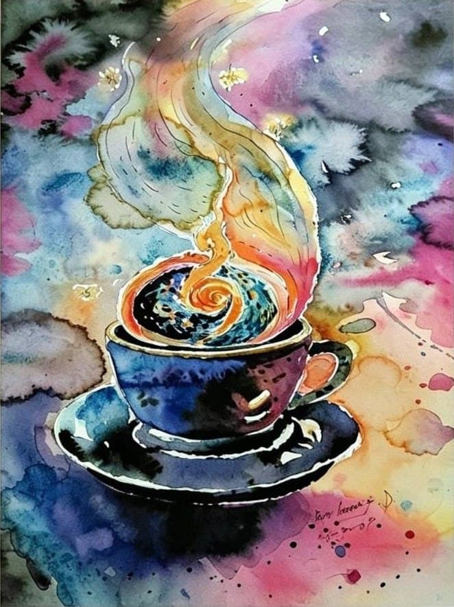 Thai coffee in the morning from outer space Bunleang Dumthongsuk A watercolour of a deep blue coffee cup holding a swirling galaxy, with colourful steam rising against a cosmic background of pink, blue and violet.