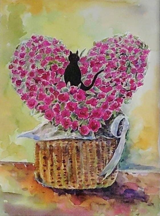 The Cat’s Heart Bunleang Dumthongsuk A watercolour of a small black cat sitting in the middle of a large heart-shaped arrangement of magenta flowers, set in a woven basket tied with a white ribbon against a soft yellow-green background.