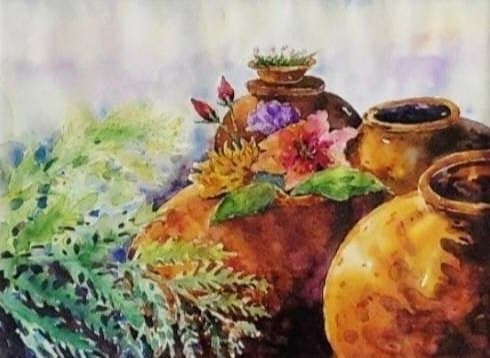 The Earthy Scent of Terracotta and Flowers Bunleang Dumthongsuk A watercolour still life of warm terracotta pots arranged together, adorned with pink, violet and yellow blossoms beside fresh green fern fronds against a soft, light background.