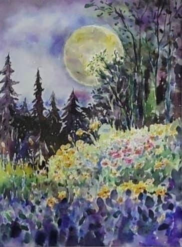 The Enchantment of the Bright Moonlit Night Bunleang Dumthongsuk A watercolour of a pale yellow full moon rising above dark pine trees against a violet-blue sky, with a meadow of yellow, pink and purple wildflowers glowing in the moonlight below.