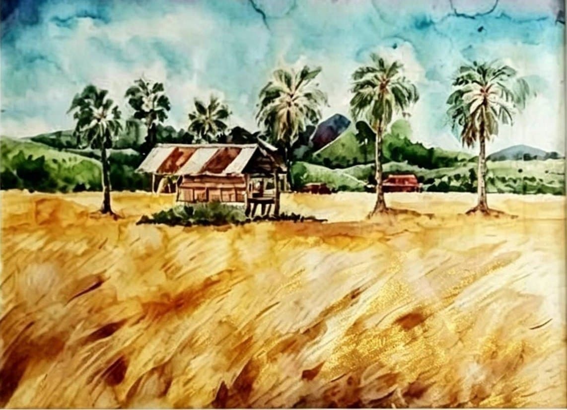 The Warmth of the Rice Fields Bunleang Dumthongsuk A watercolour of golden rice fields, a tin-roofed hut and a row of tall palms beneath a blue sky, with green hills behind.