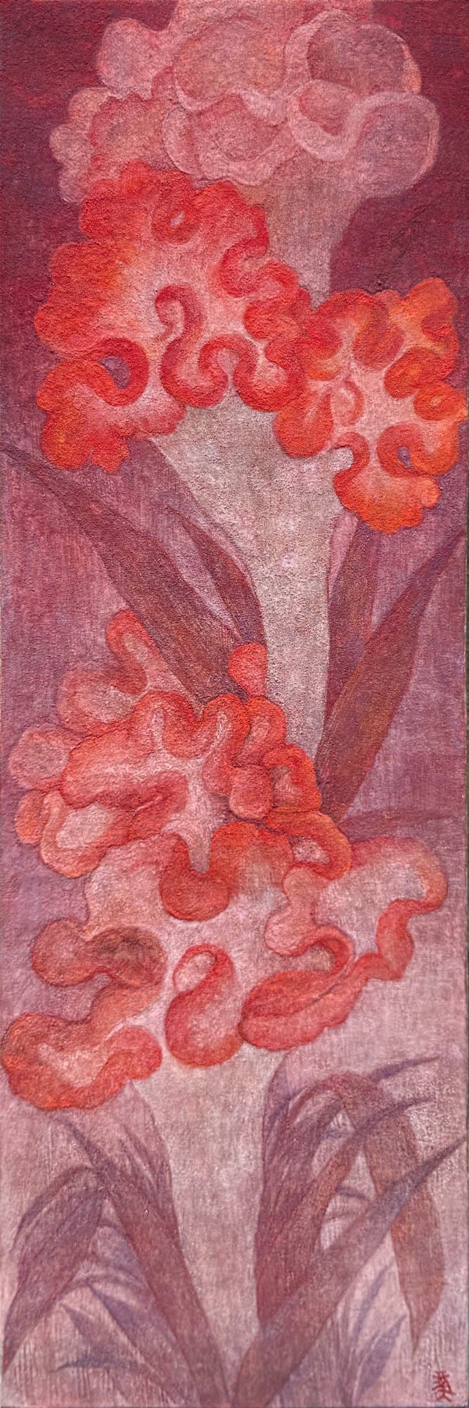 Torch·Becoming EN SEO Title: Torch·Becoming – Vertical Cockscomb Painting by Jiadong Yan Meta Description: Flame-like red cockscomb rises up a tall, narrow format in this mineral pigment painting on paper by Jiadong Yan. Original, 15×45 cm, 2025. URL Slug: jiadong-yan-torch-becoming-mineral-painting Keywords: cockscomb painting, vertical flower painting, Jiadong Yan, mineral pigment art, red flower wall art Alt Text: Tall narrow mineral painting of red cockscomb flowers rising on a deep red background TH SEO Title: Torch·Becoming ภาพหงอนไก่แนวตั้ง โดยเจียต้ง หยาน Meta Description: ดอกหงอนไก่สีแดงดั่งเปลวไฟพุ่งขึ้นในภาพแนวตั้ง จิตรกรรมสีแร่บนกระดาษ โดยเจียต้ง หยาน งานต้นฉบับ 15×45 ซม. ปี 2025 Keywords: ภาพวาดดอกหงอนไก่, ภาพแนวตั้งตกแต่งบ้าน, เจียต้ง หยาน, จิตรกรรมสีแร่, ภาพดอกไม้สีแดง Alt Text: ภาพวาดสีแร่แนวตั้งดอกหงอนไก่สีแดงบนพื้นสีแดงเข้ม