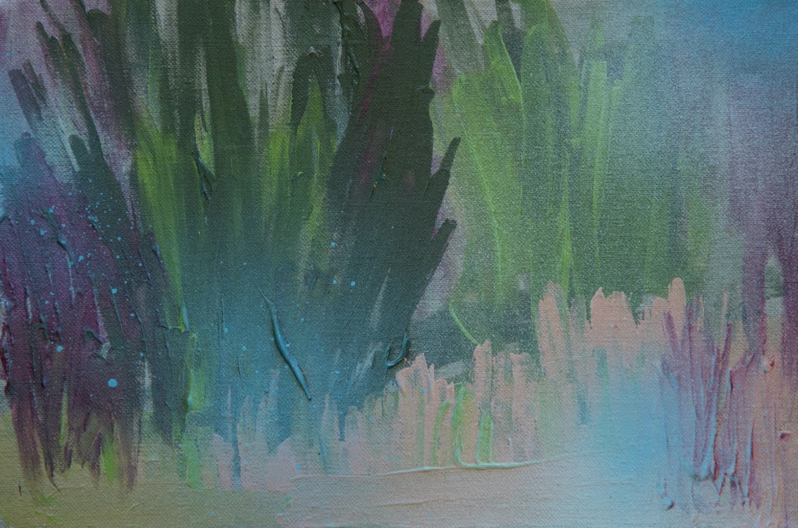 Original acrylic painting on linen by Thai artist Chatchai Notananda: Dense black, green, and purple trunks and foliage surround a blue clearing with pale pink plants in front