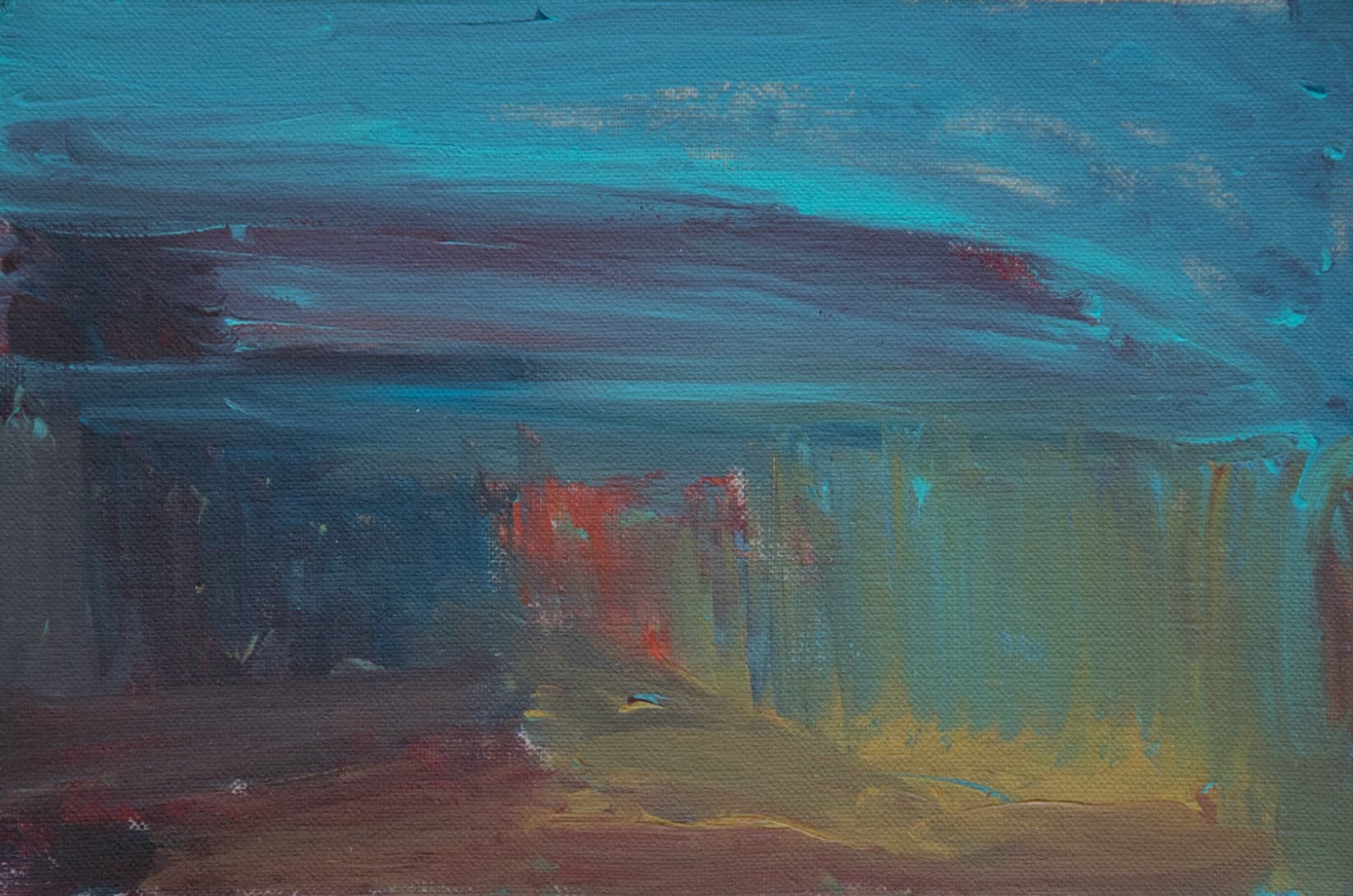 Original acrylic painting on linen by Thai artist Chatchai Notananda: A bright turquoise band stretches above a dark blue-purple field, with orange and green accents along the bottom