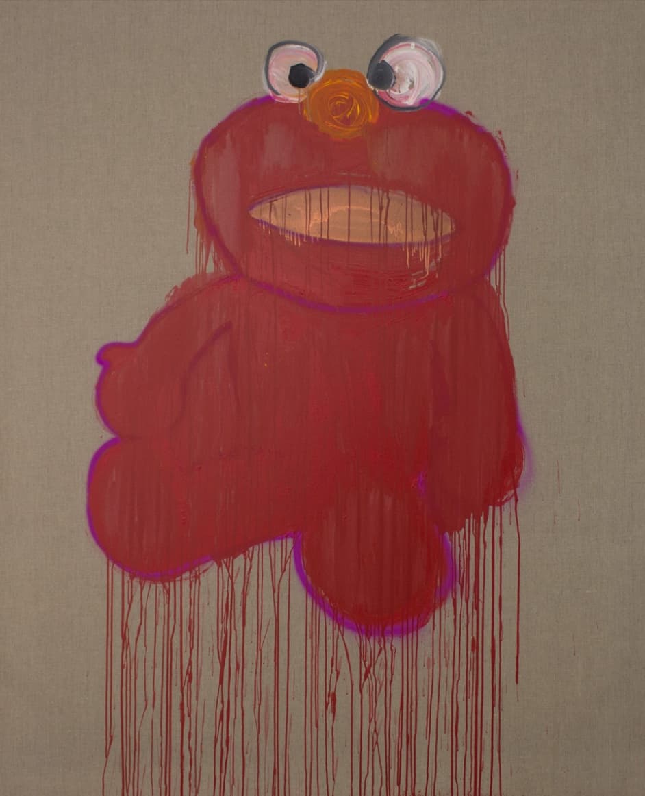 Original acrylic painting on linen by Thai artist Chatchai Notananda: A red furry puppet-like character stands alone on raw linen, with round eyes and paint dripping below