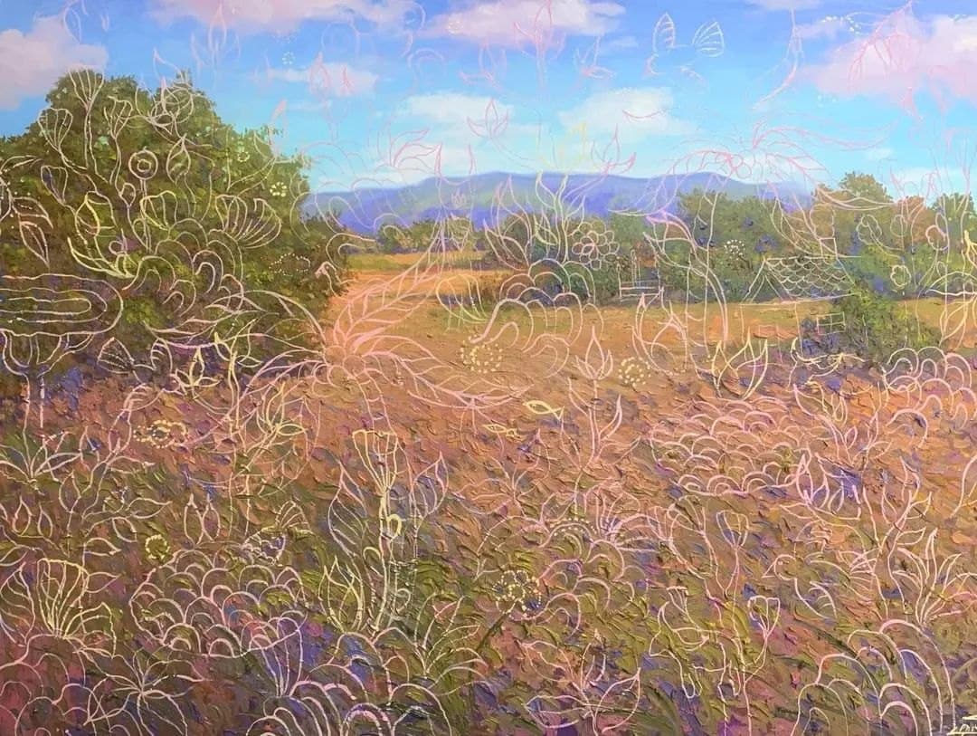 Untitled Kunakorn Wangkeeree An oil painting of a golden-pink grass field, trees and blue sky with overlaid plant line drawings.