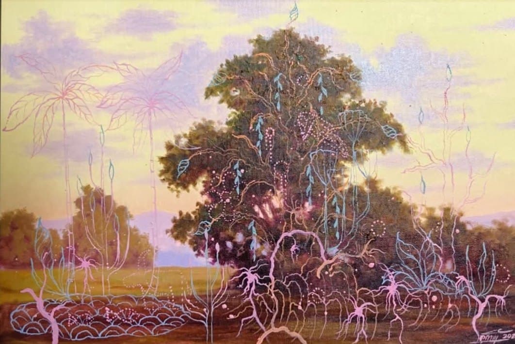 Untitled Kunakorn Wangkeeree An oil painting of a large tree in a field under a soft yellow sky, with pink and blue plant line drawings.