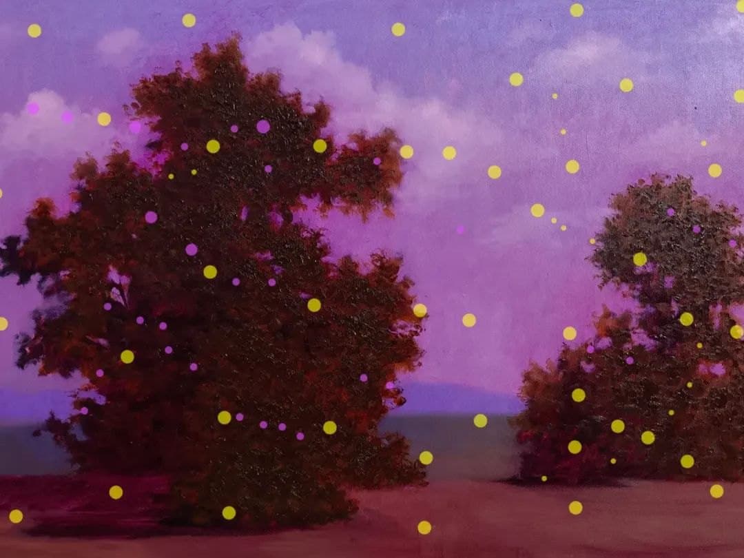 Untitled Kunakorn Wangkeeree An oil painting of two trees under a purple-pink sky, scattered with yellow and violet dots.