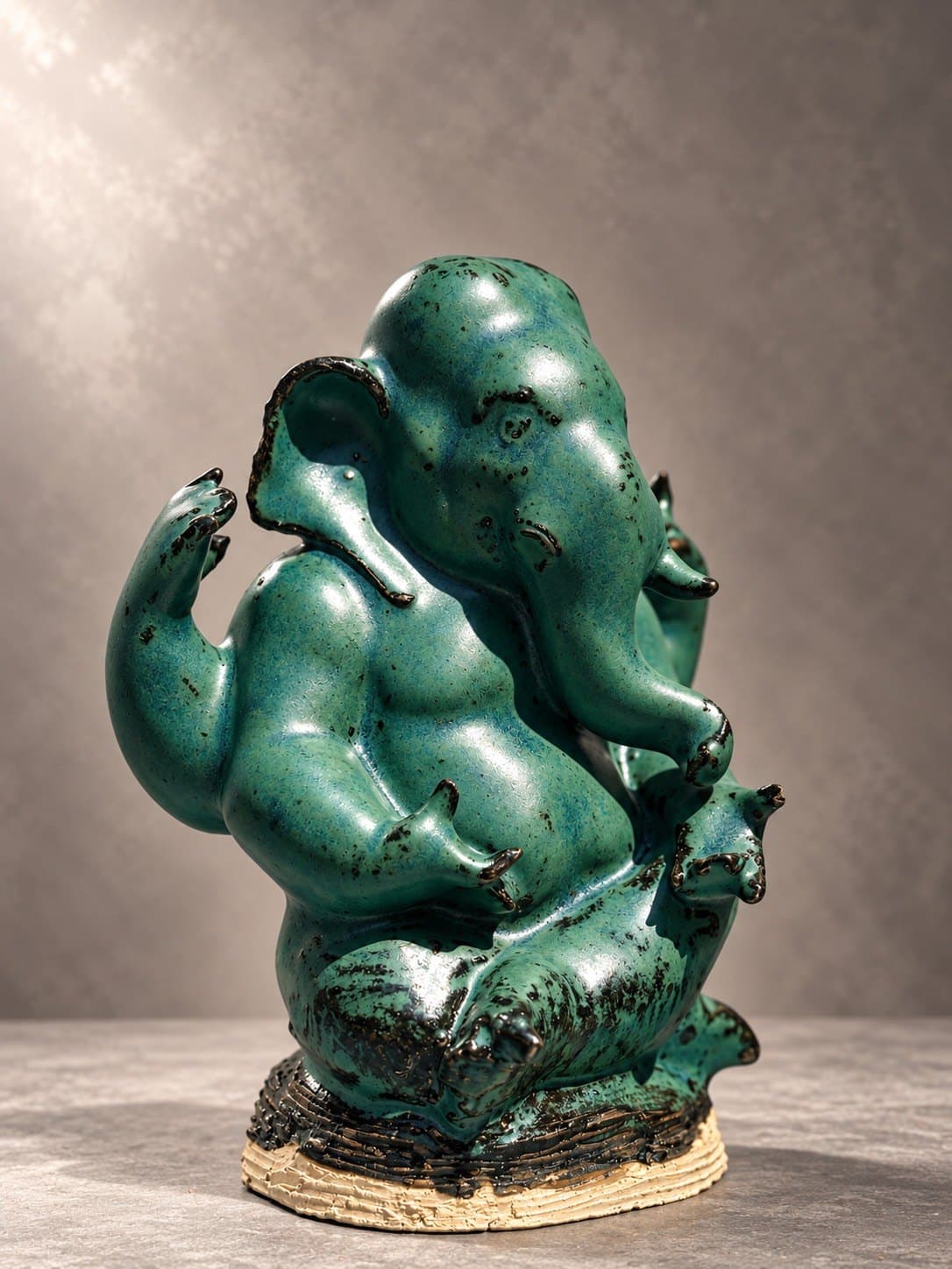 ชื่อ: Untitled * SEO Title (EN): Untitled – Ceramic Sculpture by Watcharin Chumek * SEO Title (TH): Untitled – ประติมากรรมเซรามิก วัชรินทร์ ชูเมฆ * Meta Description (EN): A seated four-armed Ganesha in speckled jade-green glaze, softly rounded yet anatomically assured. An original devotional sculpture by Thai sculptor Watcharin Chumek. * Meta Description (TH): พระพิฆเนศประทับนั่ง สี่กร เคลือบสีเขียวหยกลายจุด รูปทรงอ่อนช้อยแต่มั่นคงด้วยความเข้าใจกายวิภาค ประติมากรรมรูปเคารพต้นฉบับร่วมสมัย โดยวัชรินทร์ ชูเมฆ * Alt Text (EN): Seated four-armed Ganesha ceramic sculpture in speckled jade-green glaze on a textured unglazed clay base * Alt Text (TH): ประติมากรรมเซรามิกพระพิฆเนศประทับนั่ง สี่กร เคลือบสีเขียวหยกลายจุดดำ บนฐานดินดิบผิวลายเส้น * URL slug: watcharin-chumek-jade-ganesha-sculpture * Keywords (EN): Ganesha sculpture, ceramic Ganesha, green Ganesha statue, contemporary Ganesha art, Thai devotional sculpture, original sculpture for sale * Keywords (TH): พระพิฆเนศ, องค์พระพิฆเนศเซรามิก, พระพิฆเนศสีเขียว, รูปเคารพร่วมสมัย, ประติมากรรมศิลปินไทย, บูชาพระพิฆเนศ