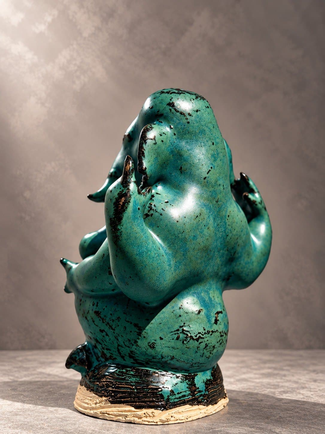 ชื่อ: Untitled * SEO Title (EN): Untitled – Ceramic Sculpture by Watcharin Chumek * SEO Title (TH): Untitled – ประติมากรรมเซรามิก วัชรินทร์ ชูเมฆ * Meta Description (EN): A seated four-armed Ganesha in speckled jade-green glaze, softly rounded yet anatomically assured. An original devotional sculpture by Thai sculptor Watcharin Chumek. * Meta Description (TH): พระพิฆเนศประทับนั่ง สี่กร เคลือบสีเขียวหยกลายจุด รูปทรงอ่อนช้อยแต่มั่นคงด้วยความเข้าใจกายวิภาค ประติมากรรมรูปเคารพต้นฉบับร่วมสมัย โดยวัชรินทร์ ชูเมฆ * Alt Text (EN): Seated four-armed Ganesha ceramic sculpture in speckled jade-green glaze on a textured unglazed clay base * Alt Text (TH): ประติมากรรมเซรามิกพระพิฆเนศประทับนั่ง สี่กร เคลือบสีเขียวหยกลายจุดดำ บนฐานดินดิบผิวลายเส้น * URL slug: watcharin-chumek-jade-ganesha-sculpture * Keywords (EN): Ganesha sculpture, ceramic Ganesha, green Ganesha statue, contemporary Ganesha art, Thai devotional sculpture, original sculpture for sale * Keywords (TH): พระพิฆเนศ, องค์พระพิฆเนศเซรามิก, พระพิฆเนศสีเขียว, รูปเคารพร่วมสมัย, ประติมากรรมศิลปินไทย, บูชาพระพิฆเนศ
